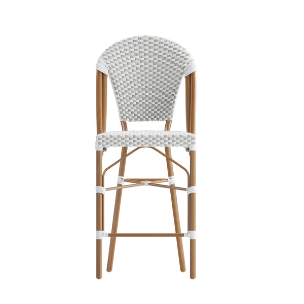 White & Gray/Natural Frame |#| 2 Pack All-Weather Commercial Paris Stools with Bamboo Print Frame-White/Gray