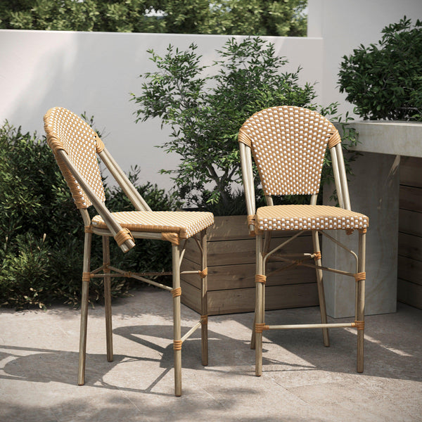 Natural & White/Light Natural Frame |#| 2 Pack All-Weather Commercial Paris Stools with Bamboo Print Frame-Natural/White