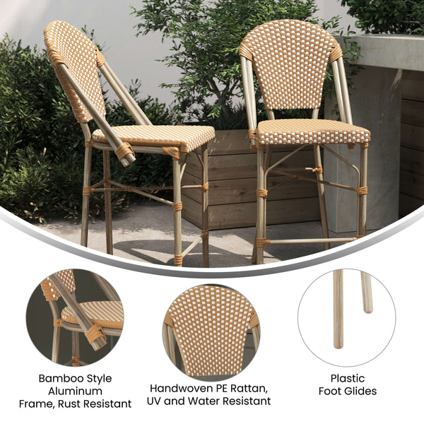 Natural & White/Light Natural Frame |#| 2 Pack All-Weather Commercial Paris Stools with Bamboo Print Frame-Natural/White