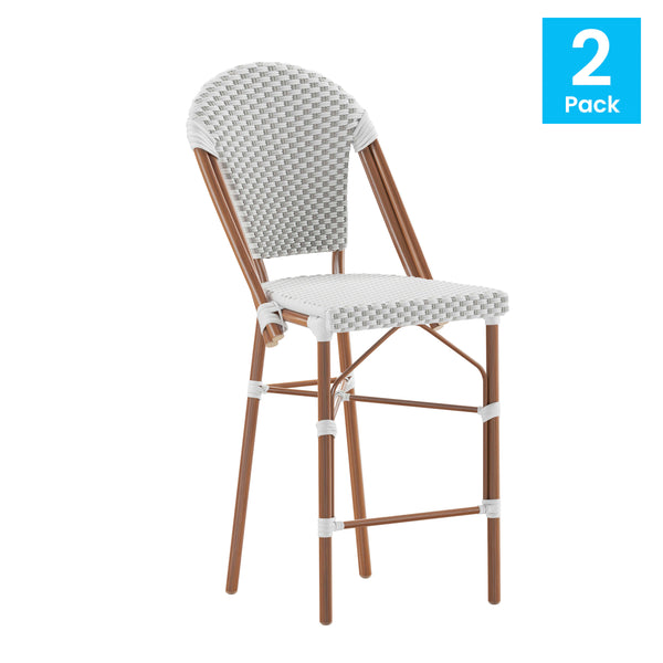 White & Gray/Natural Frame |#| 2 Pack All-Weather Commercial Paris Stools with Bamboo Print Frame-White/Gray