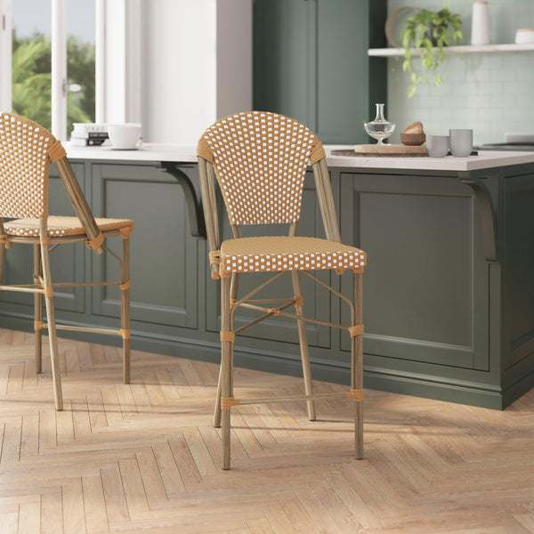 Natural & White/Light Natural Frame |#| 2 Pack All-Weather Commercial Paris Stools with Bamboo Print Frame-Natural/White