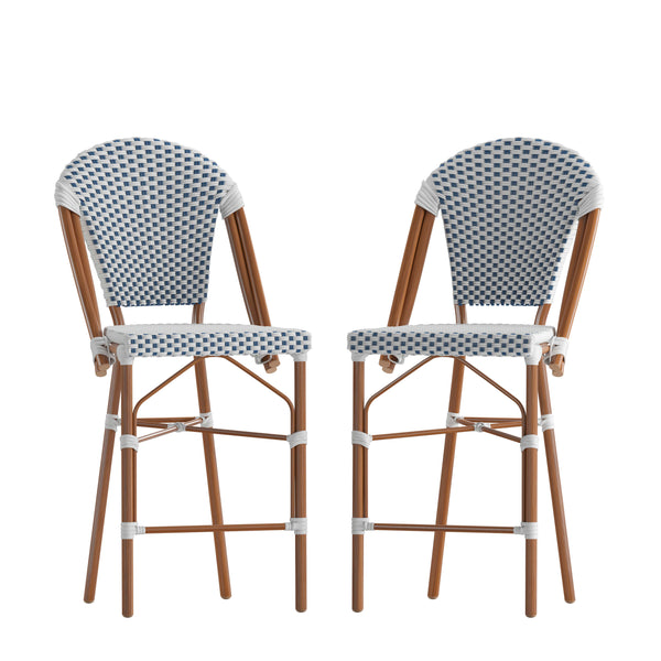 White & Navy/Natural Frame |#| 2 Pack All-Weather Commercial Paris Stools with Bamboo Print Frame-White/Navy