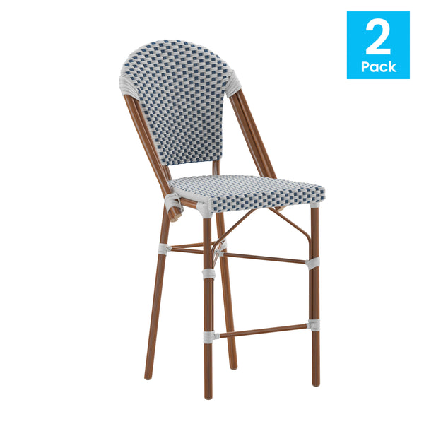 White & Navy/Natural Frame |#| 2 Pack All-Weather Commercial Paris Stools with Bamboo Print Frame-White/Navy