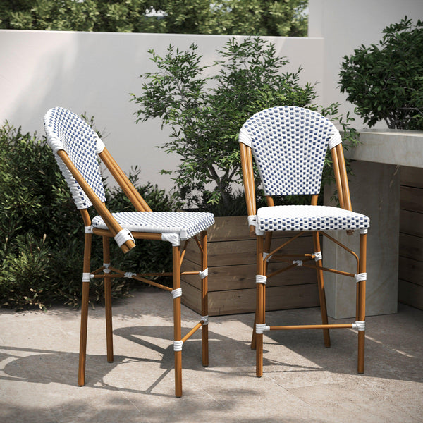 White & Navy/Natural Frame |#| 2 Pack All-Weather Commercial Paris Stools with Bamboo Print Frame-White/Navy
