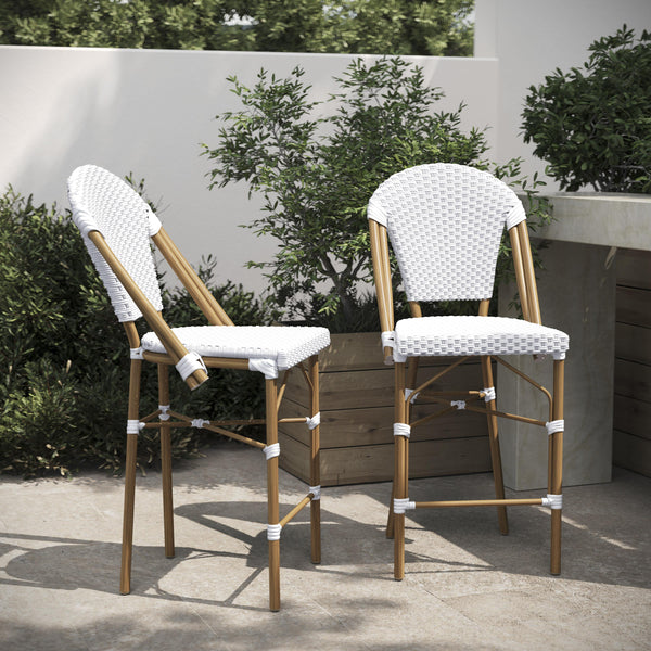 White & Gray/Natural Frame |#| 2 Pack All-Weather Commercial Paris Stools with Bamboo Print Frame-White/Gray
