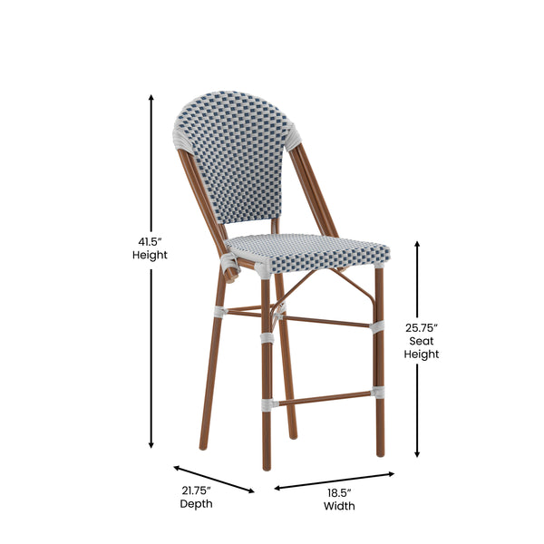 White & Navy/Natural Frame |#| 2 Pack All-Weather Commercial Paris Stools with Bamboo Print Frame-White/Navy