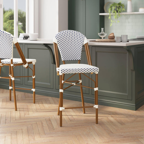 White & Navy/Natural Frame |#| 2 Pack All-Weather Commercial Paris Stools with Bamboo Print Frame-White/Navy