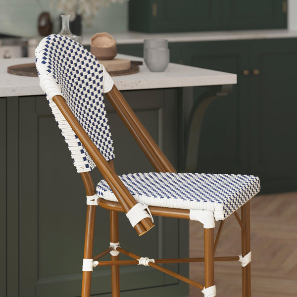 White & Navy/Natural Frame |#| 2 Pack All-Weather Commercial Paris Stools with Bamboo Print Frame-White/Navy