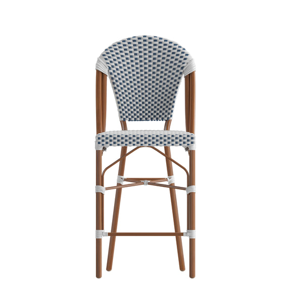 White & Navy/Natural Frame |#| 2 Pack All-Weather Commercial Paris Stools with Bamboo Print Frame-White/Navy