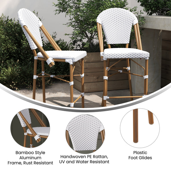 White & Gray/Natural Frame |#| 2 Pack All-Weather Commercial Paris Stools with Bamboo Print Frame-White/Gray