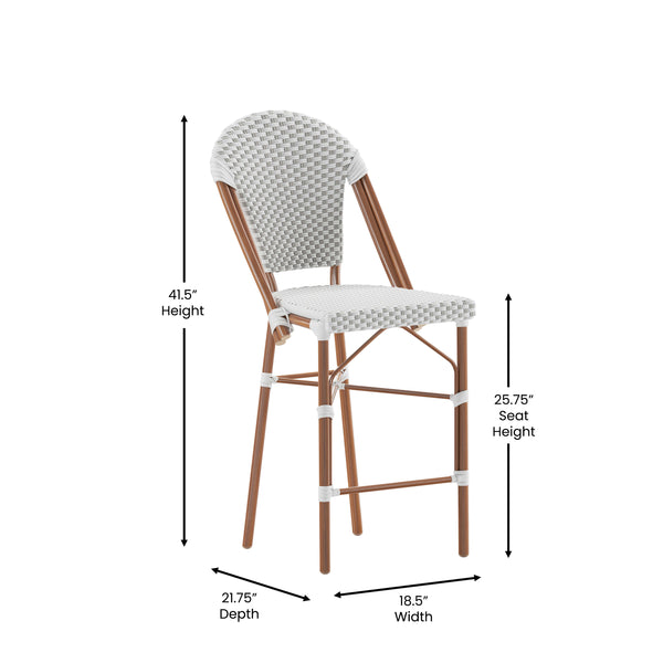 White & Gray/Natural Frame |#| 2 Pack All-Weather Commercial Paris Stools with Bamboo Print Frame-White/Gray