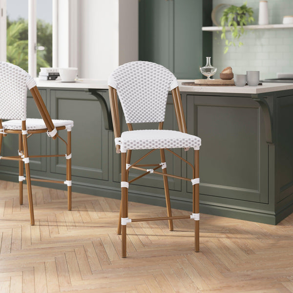 White & Gray/Natural Frame |#| 2 Pack All-Weather Commercial Paris Stools with Bamboo Print Frame-White/Gray
