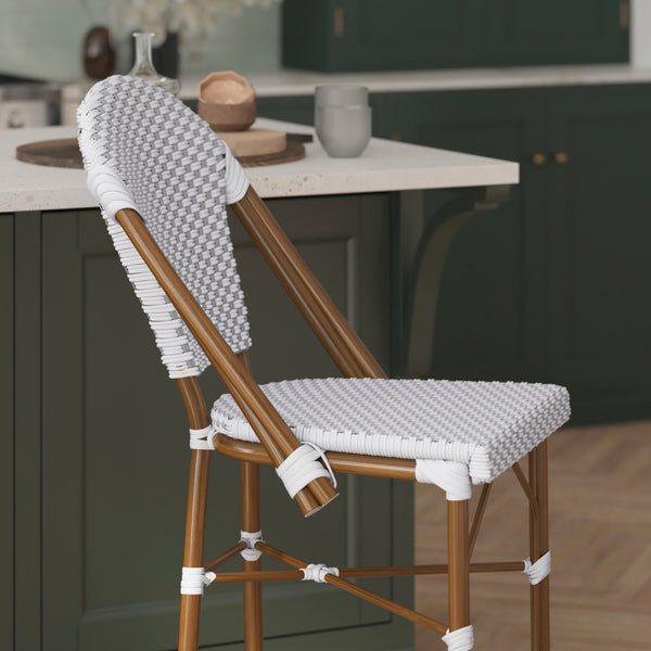 White & Gray/Natural Frame |#| 2 Pack All-Weather Commercial Paris Stools with Bamboo Print Frame-White/Gray