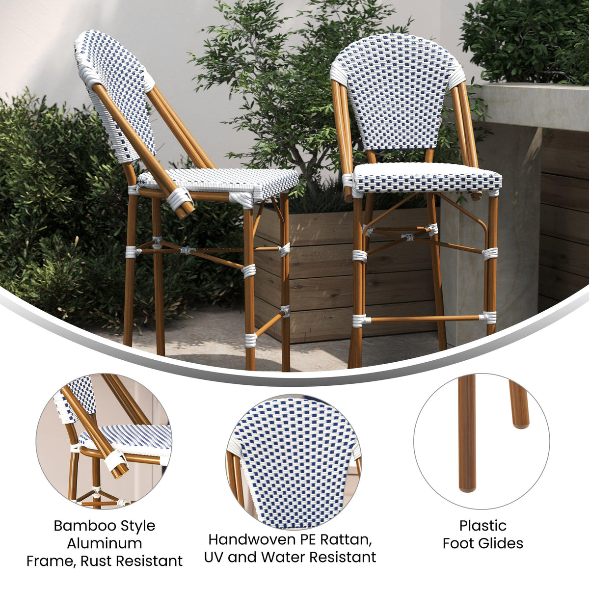 White & Navy/Natural Frame |#| 2 Pack All-Weather Commercial Paris Stools with Bamboo Print Frame-White/Navy