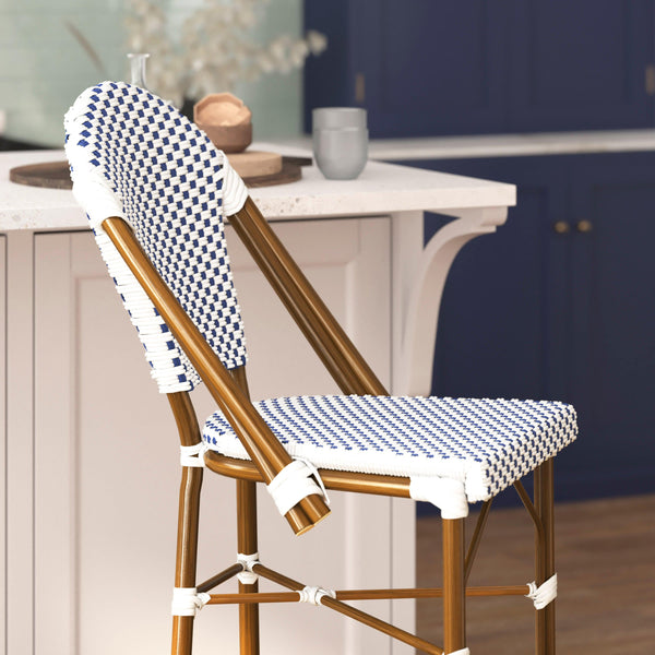 White & Navy/Natural Frame |#| 2 Pack All-Weather Commercial Paris Stools with Bamboo Print Frame-White/Navy