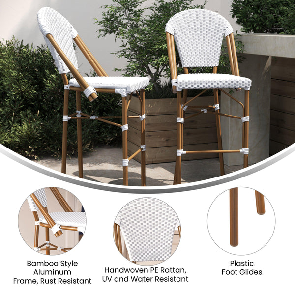 White & Gray/Natural Frame |#| 2 Pack All-Weather Commercial Paris Stools with Bamboo Print Frame-White/Gray
