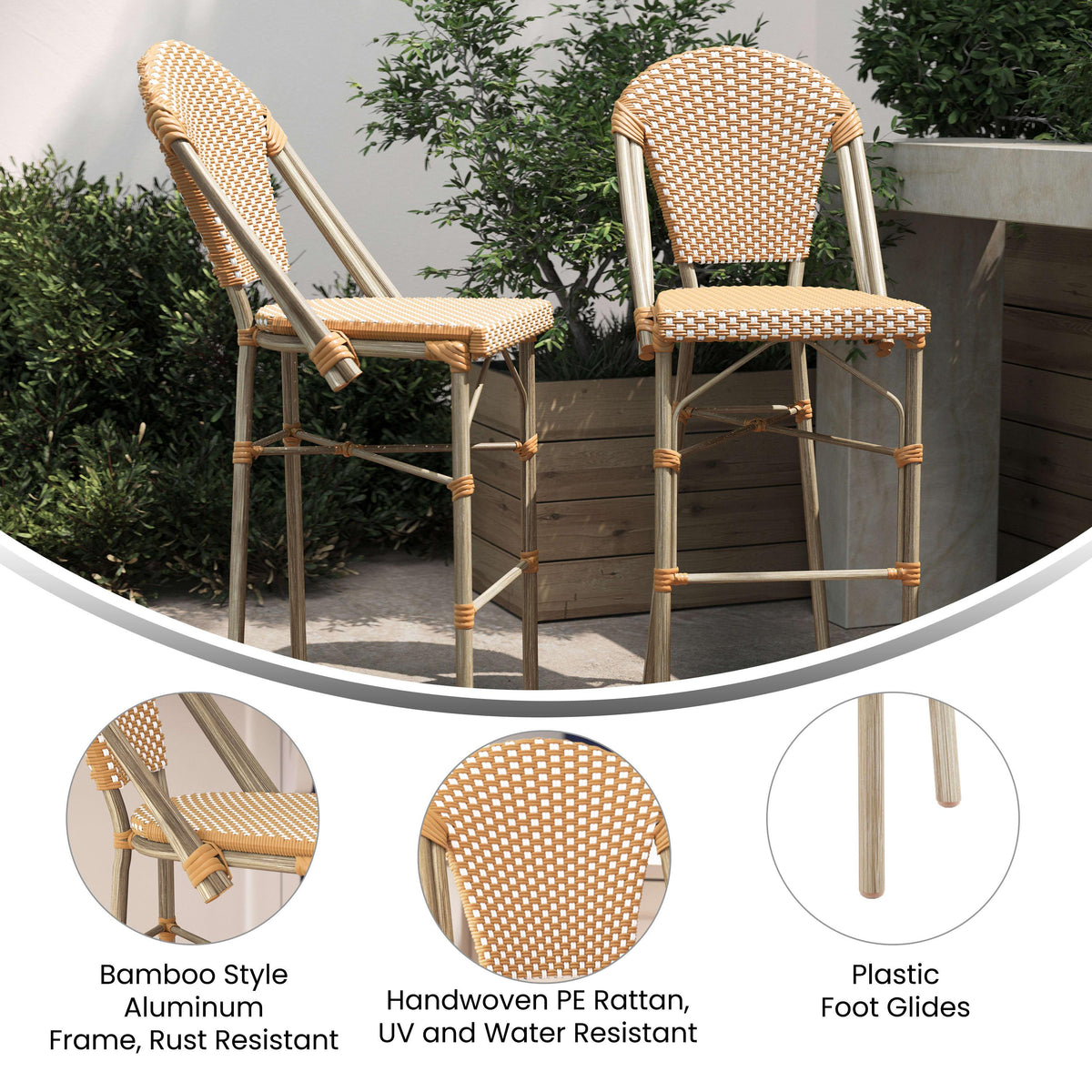 Natural & White/Light Natural Frame |#| 2 Pack All-Weather Commercial Paris Stools with Bamboo Print Frame-Natural/White