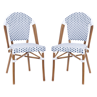 Lourdes Set of 2 Indoor/Outdoor Commercial Bistro Stacking Chairs, PE Rattan Back and Seat, Bamboo Print Aluminum Frame - View 1