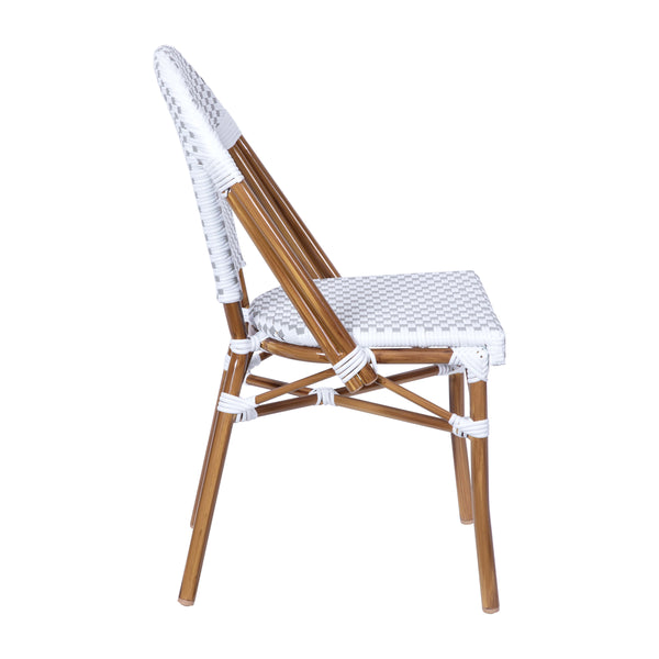 White & Gray/Natural Frame |#| 2 Pack All-Weather Commercial Paris Chairs with Bamboo Print Frame-White/Gray