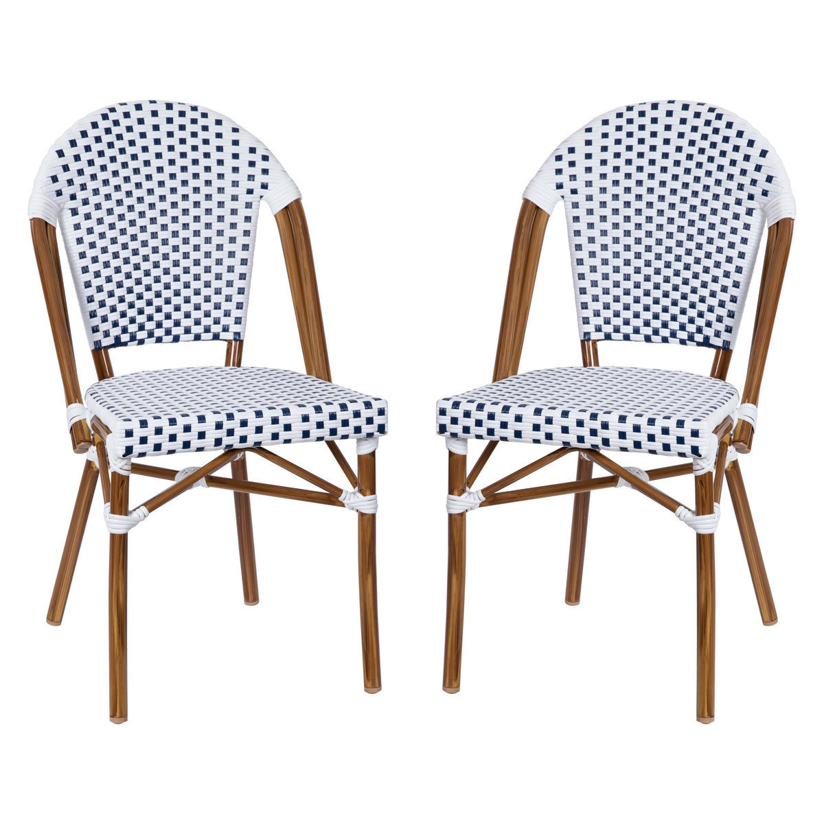 White & Navy/Natural Frame |#| 2 Pack All-Weather Commercial Paris Chairs with Bamboo Print Frame-White/Navy