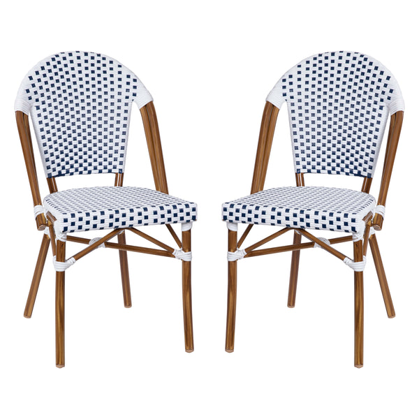White & Navy/Natural Frame |#| 2 Pack All-Weather Commercial Paris Chairs with Bamboo Print Frame-White/Navy