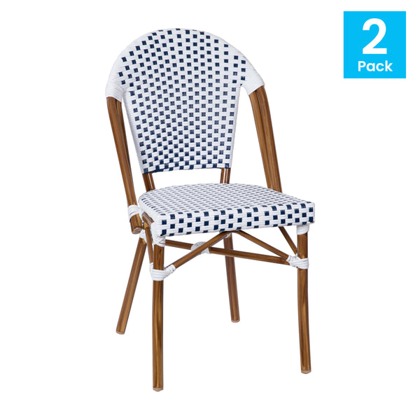White & Navy/Natural Frame |#| 2 Pack All-Weather Commercial Paris Chairs with Bamboo Print Frame-White/Navy