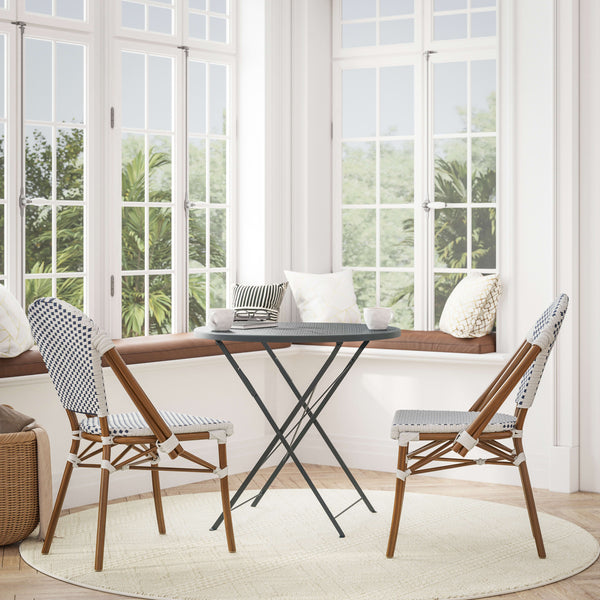 White & Navy/Natural Frame |#| 2 Pack All-Weather Commercial Paris Chairs with Bamboo Print Frame-White/Navy
