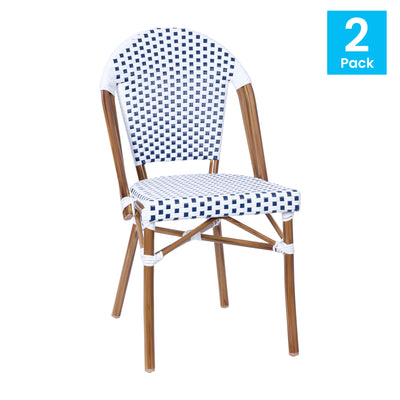 Lourdes Set of 2 Indoor/Outdoor Commercial Bistro Stacking Chairs, PE Rattan Back and Seat, Bamboo Print Aluminum Frame - View 2
