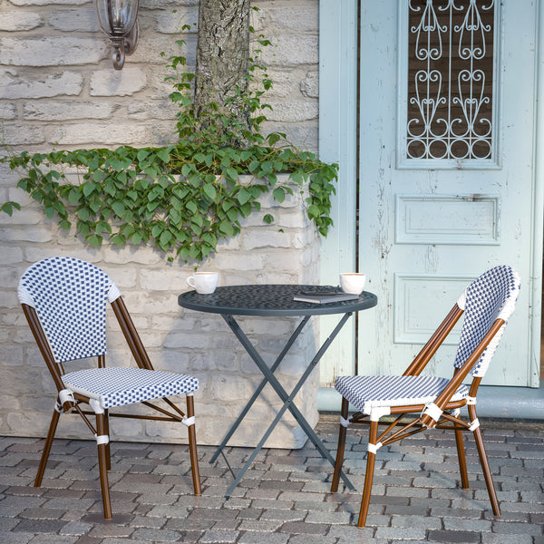 White & Navy/Natural Frame |#| 2 Pack All-Weather Commercial Paris Chairs with Bamboo Print Frame-White/Navy