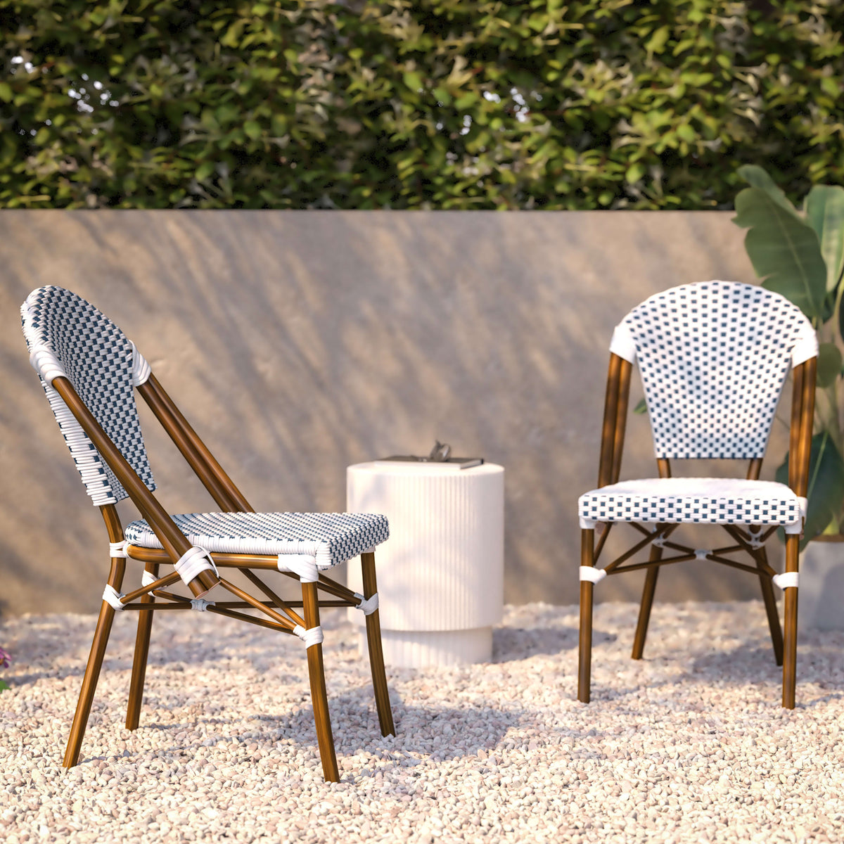 White & Navy/Natural Frame |#| 2 Pack All-Weather Commercial Paris Chairs with Bamboo Print Frame-White/Navy