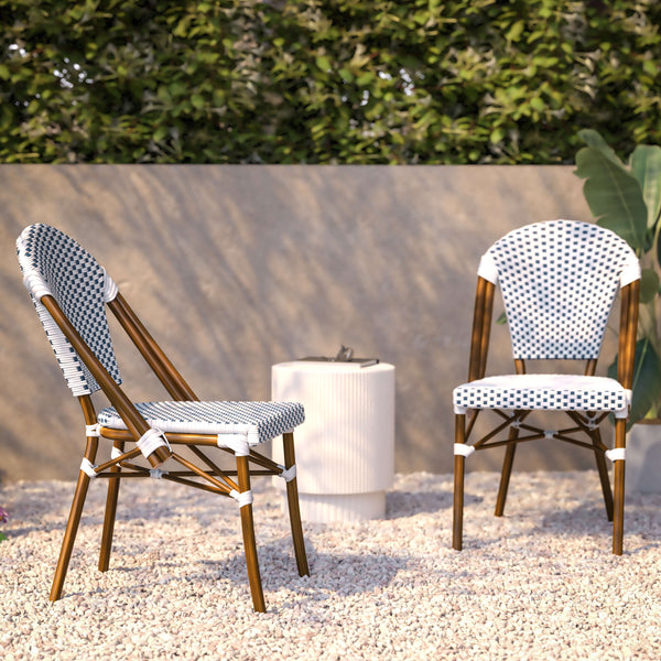 White & Navy/Natural Frame |#| 2 Pack All-Weather Commercial Paris Chairs with Bamboo Print Frame-White/Navy