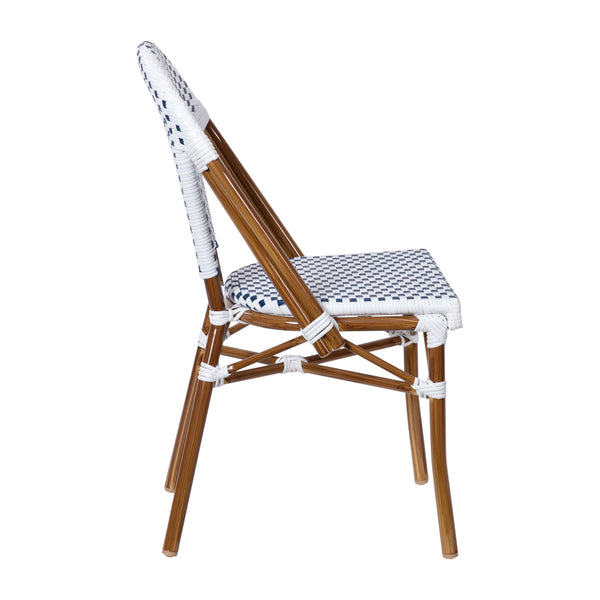 White & Navy/Natural Frame |#| 2 Pack All-Weather Commercial Paris Chairs with Bamboo Print Frame-White/Navy