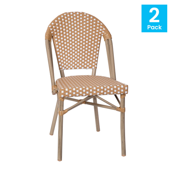 Natural & White/Light Natural Frame |#| 2 Pack All-Weather Commercial Paris Chairs with Bamboo Print Frame-Natural/White