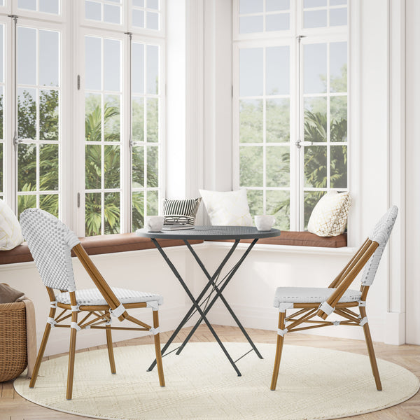White & Gray/Natural Frame |#| 2 Pack All-Weather Commercial Paris Chairs with Bamboo Print Frame-White/Gray