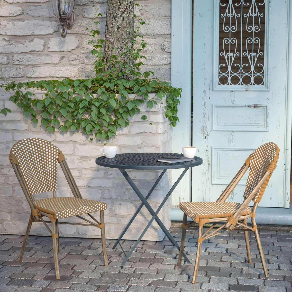 Natural & White/Light Natural Frame |#| 2 Pack All-Weather Commercial Paris Chairs with Bamboo Print Frame-Natural/White