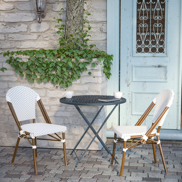 White & Gray/Natural Frame |#| 2 Pack All-Weather Commercial Paris Chairs with Bamboo Print Frame-White/Gray