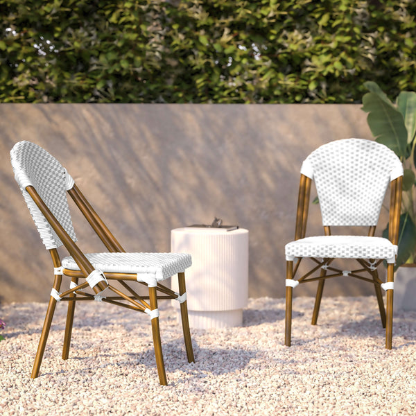 White & Gray/Natural Frame |#| 2 Pack All-Weather Commercial Paris Chairs with Bamboo Print Frame-White/Gray