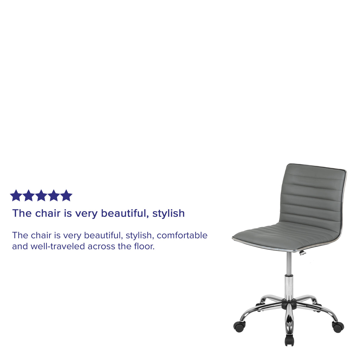 Light Gray Vinyl/Chrome Frame |#| Low Back Designer Armless Light Gray Ribbed Swivel Task Office Chair, Desk Chair