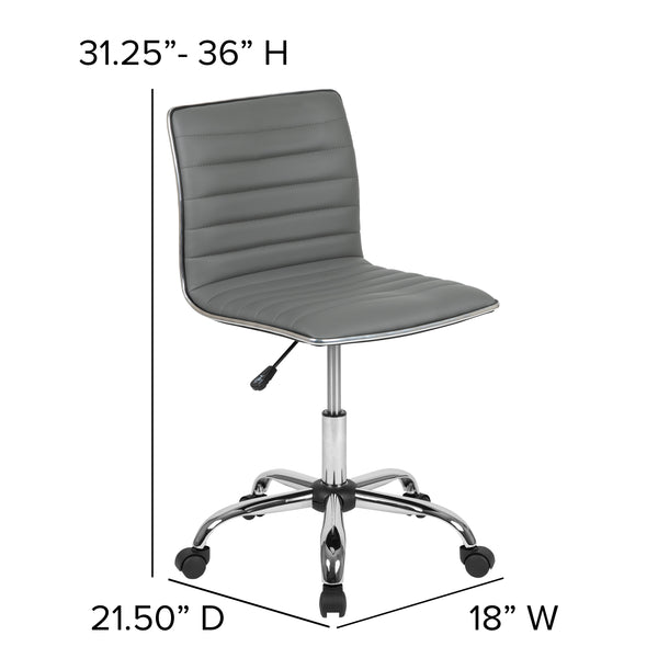 Light Gray Vinyl/Chrome Frame |#| Low Back Designer Armless Light Gray Ribbed Swivel Task Office Chair, Desk Chair