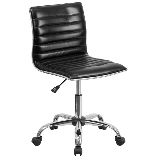 Black Vinyl/Chrome Frame |#| Low Back Designer Armless Black Ribbed Swivel Task Office Chair - Home Office