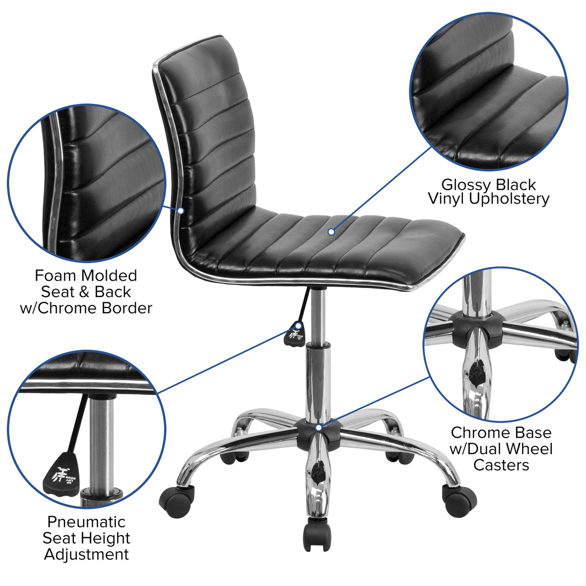 Black Vinyl/Chrome Frame |#| Low Back Designer Armless Black Ribbed Swivel Task Office Chair - Home Office