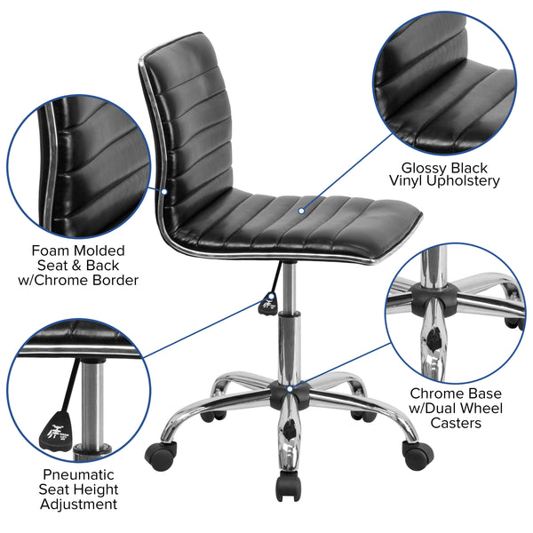 Black Vinyl/Chrome Frame |#| Low Back Designer Armless Black Ribbed Swivel Task Office Chair - Home Office