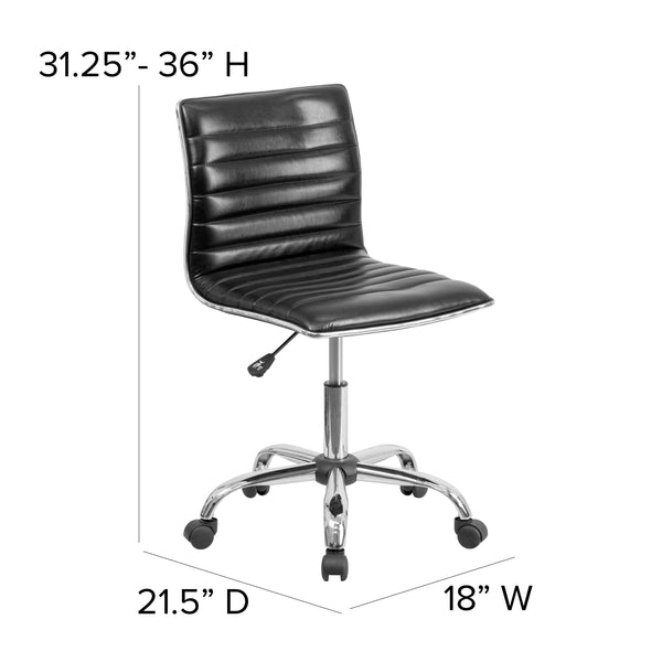 Black Vinyl/Chrome Frame |#| Low Back Designer Armless Black Ribbed Swivel Task Office Chair - Home Office