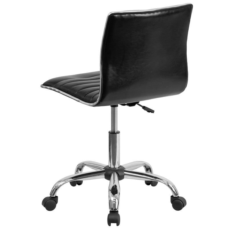 Black Vinyl/Chrome Frame |#| Low Back Designer Armless Black Ribbed Swivel Task Office Chair - Home Office