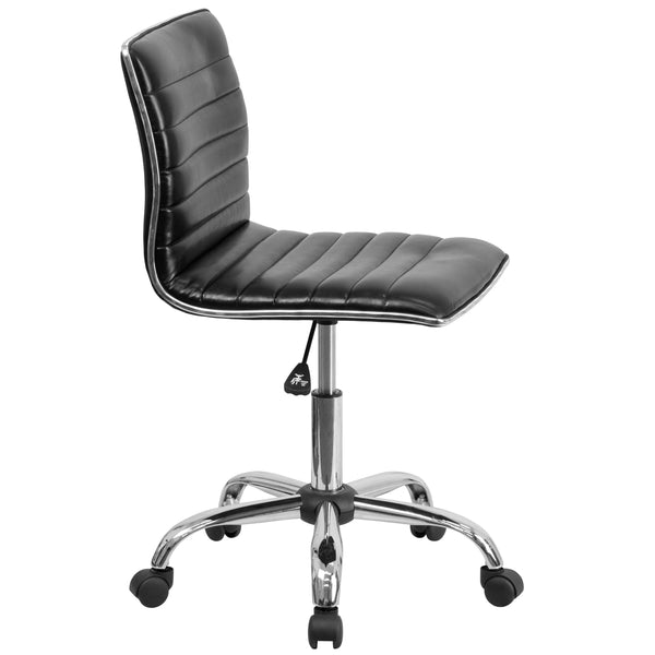 Black Vinyl/Chrome Frame |#| Low Back Designer Armless Black Ribbed Swivel Task Office Chair - Home Office