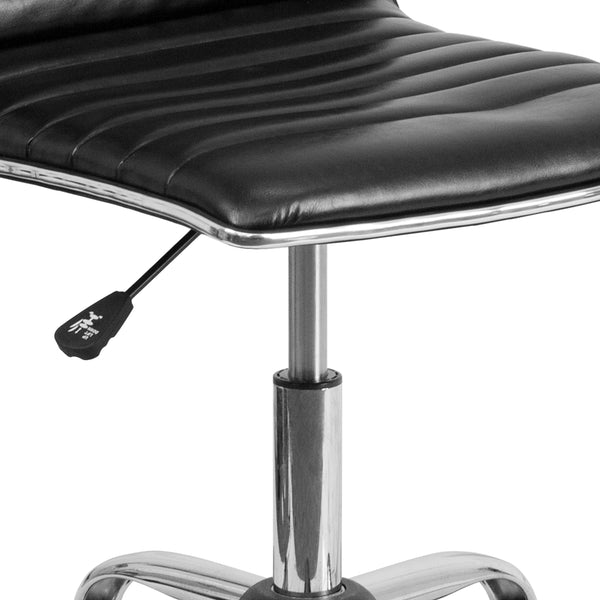 Black Vinyl/Chrome Frame |#| Low Back Designer Armless Black Ribbed Swivel Task Office Chair - Home Office