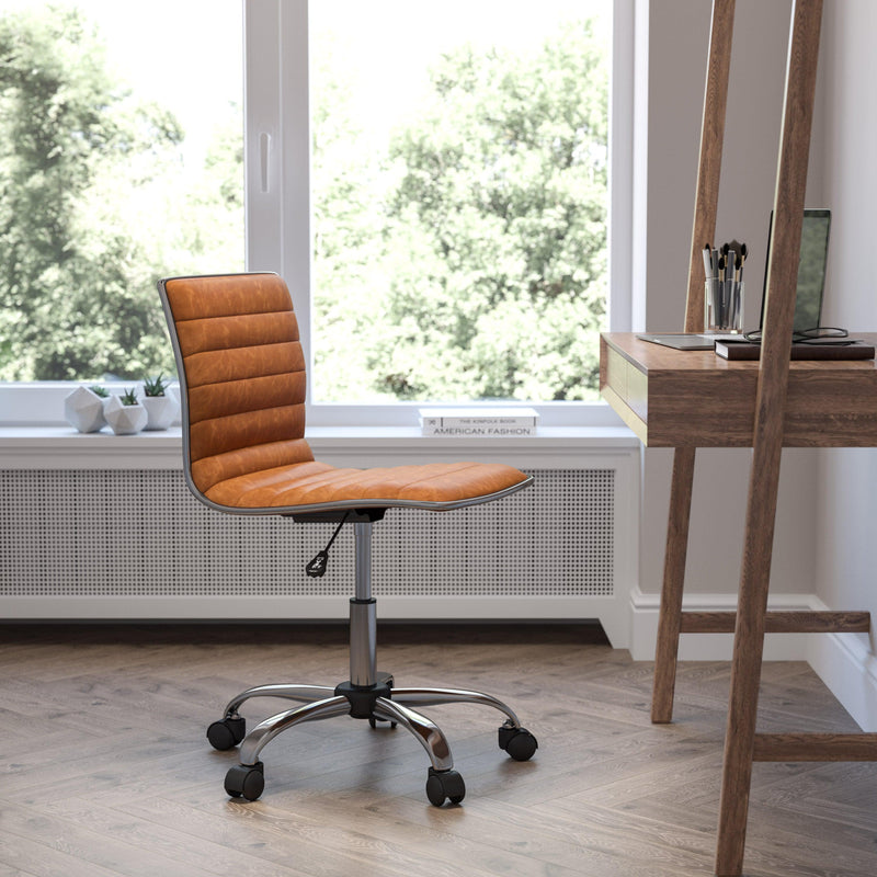 Brown Vinyl/Chrome Frame |#| Low Back Designer Armless Brown Ribbed Swivel Task Office Chair, Desk Chair