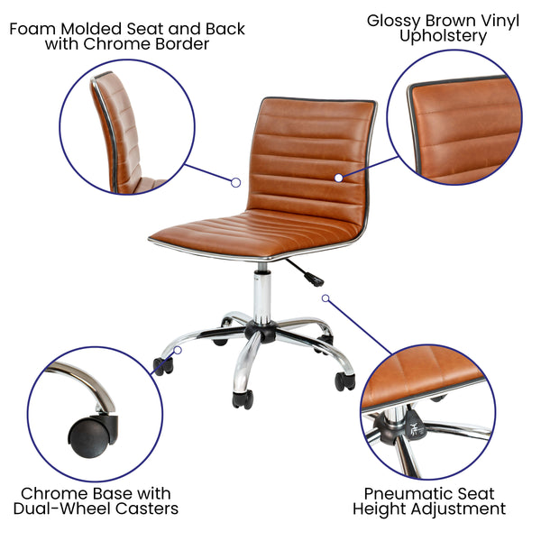 Brown Vinyl/Chrome Frame |#| Low Back Designer Armless Brown Ribbed Swivel Task Office Chair, Desk Chair