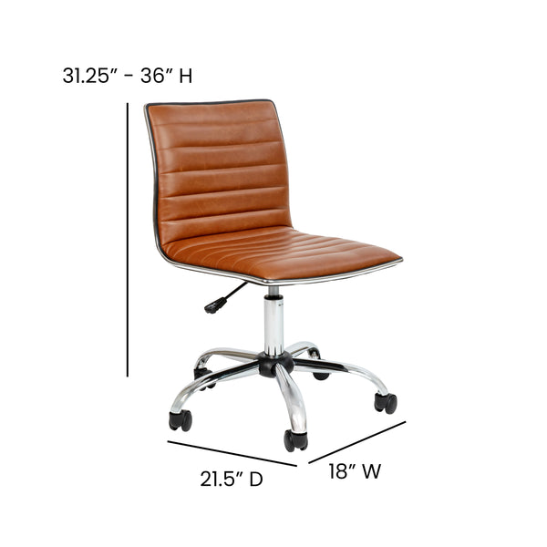 Brown Vinyl/Chrome Frame |#| Low Back Designer Armless Brown Ribbed Swivel Task Office Chair, Desk Chair