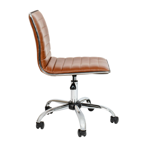 Brown Vinyl/Chrome Frame |#| Low Back Designer Armless Brown Ribbed Swivel Task Office Chair, Desk Chair